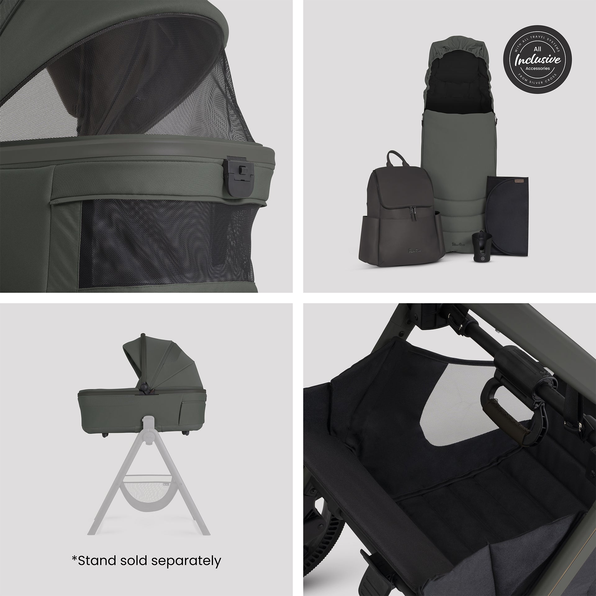 Silver cross cove 2 travel system in pewter green with next stage car seat in taupe.