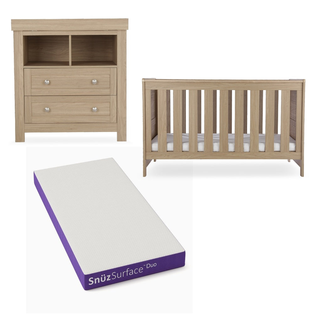 CuddleCo Burford 2 piece nursery furniuter set in an oak finish, with snuz duo mattress.