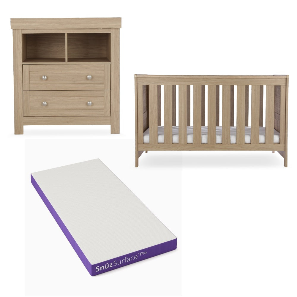 CuddleCo Burford 2 piece nursery furniuter set in an oak finish, with snuz pro mattress.