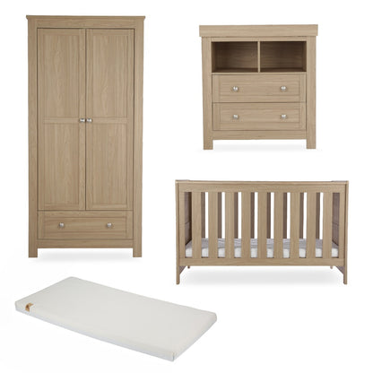CuddleCo Burford 3 piece nursery furniture set in an oak finish, with lullaby mattress.