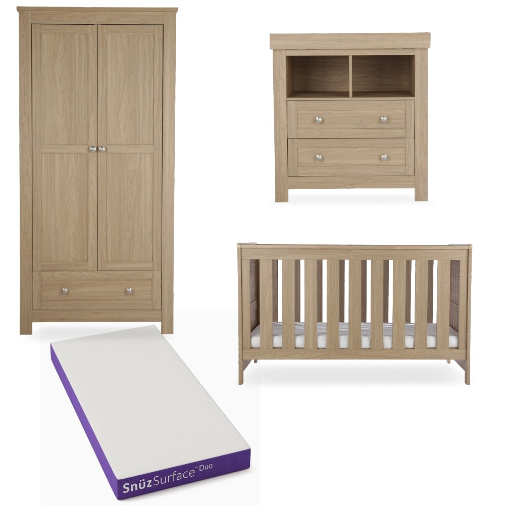CuddleCo Burford 3 piece nursery furniture set in an oak finish, with snuz duo mattress.
