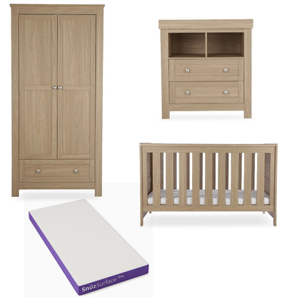CuddleCo Burford 3 piece nursery furniture set in an oak finish, with snuz pro mattress.