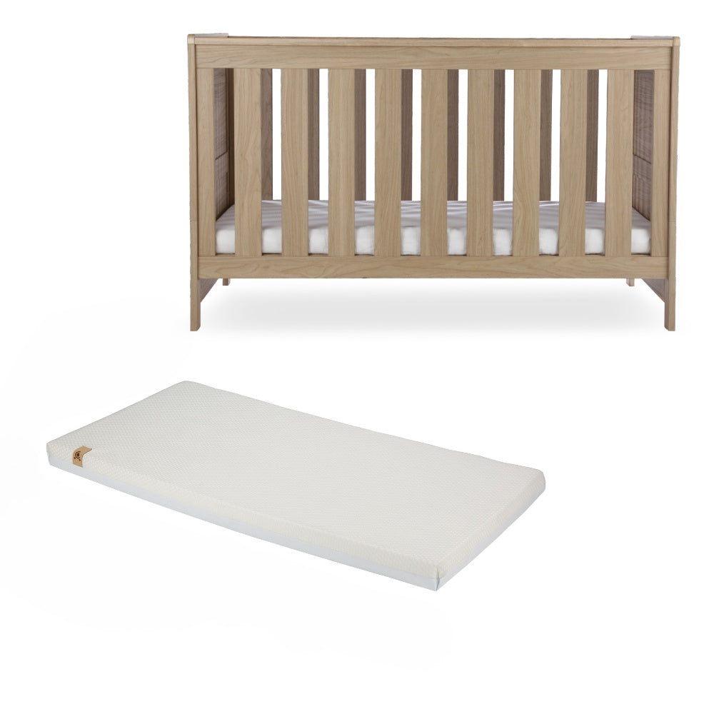 CuddleCo Burford cot bed in an oak finish, with lullaby mattress.