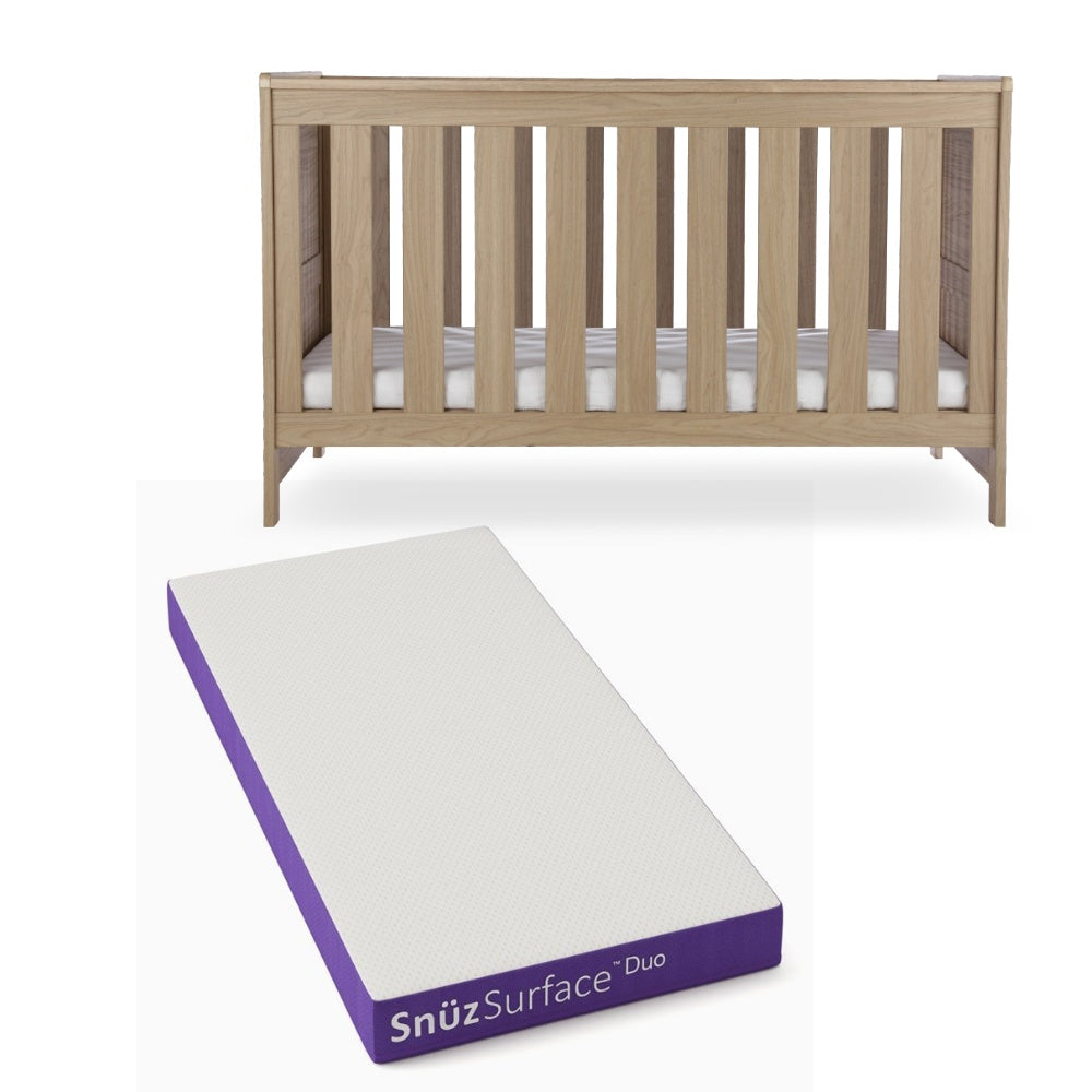 CuddleCo Burford cot bed in an oak finish, with snuz duo mattress.