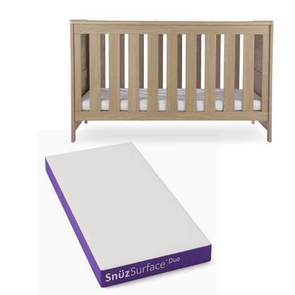 CuddleCo Burford cot bed in an oak finish, with snuz duo mattress.