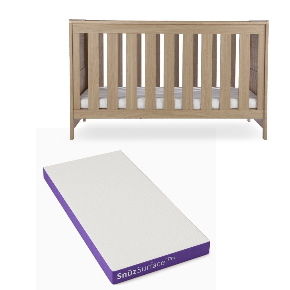 CuddleCo Burford cot bed in an oak finish, with snuz pro mattress.