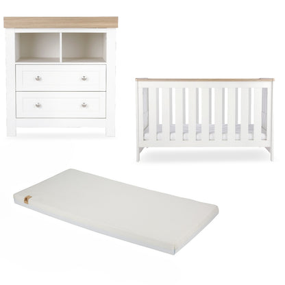 CuddleCo Burford 2 piece nursery furniture set in white with oak trim, and lullaby mattress.