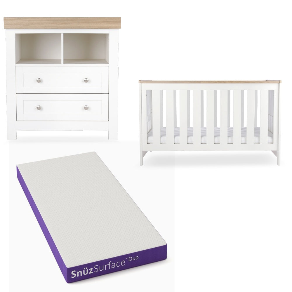 CuddleCo Burford 2 piece nursery furniture set in white with oak trim, and snuz duo mattress.