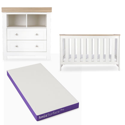 CuddleCo Burford 2 piece nursery furniture set in white with oak trim, and snuz pro mattress.