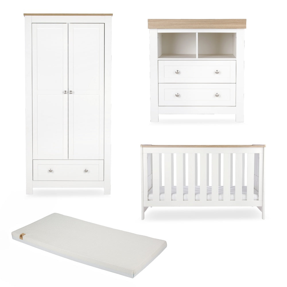 CuddleCo Burford 3 piece nursery furniture set in white with oak trim, and lullaby mattress.