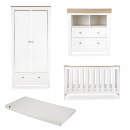CuddleCo Burford 3 piece nursery furniture set in white with oak trim, and lullaby mattress.