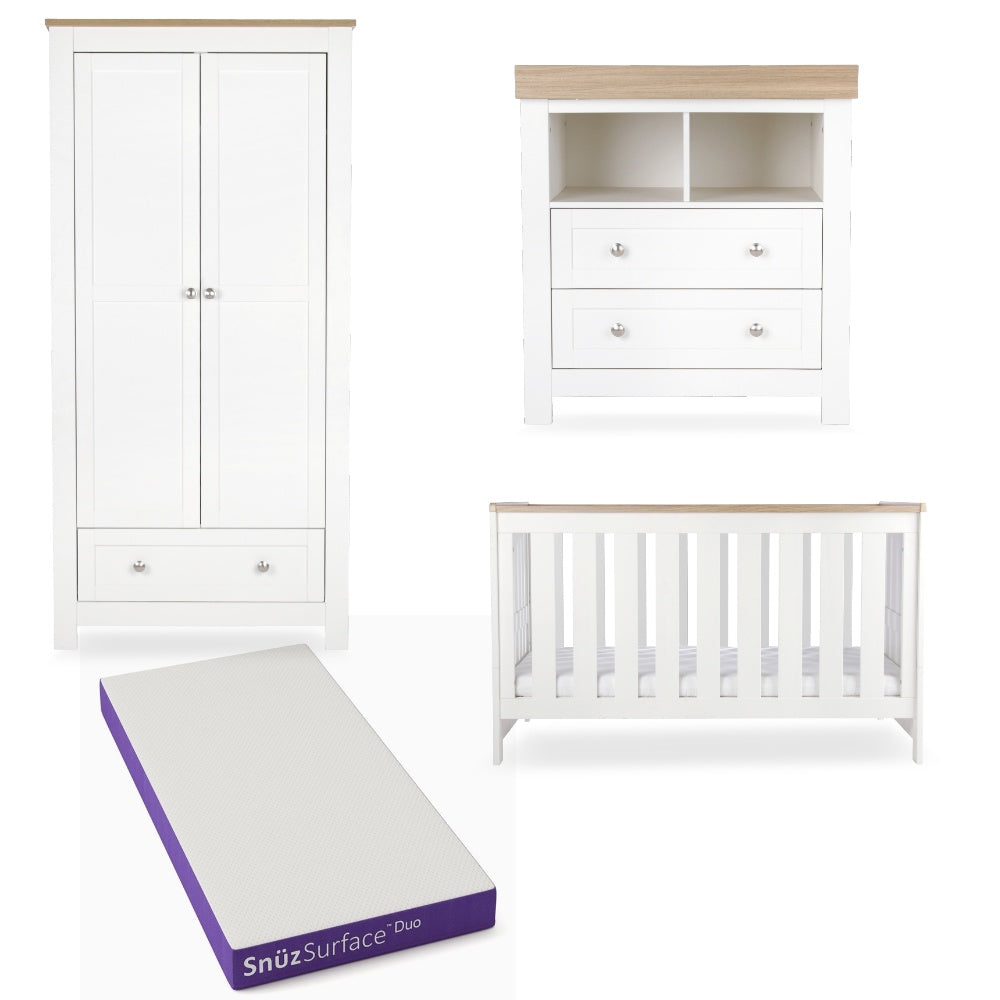 CuddleCo Burford 3 piece nursery furniture set in white with oak trim, and snuz duo mattress.