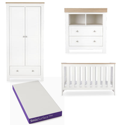 CuddleCo Burford 3 piece nursery furniture set in white with oak trim, and snuz duo mattress.