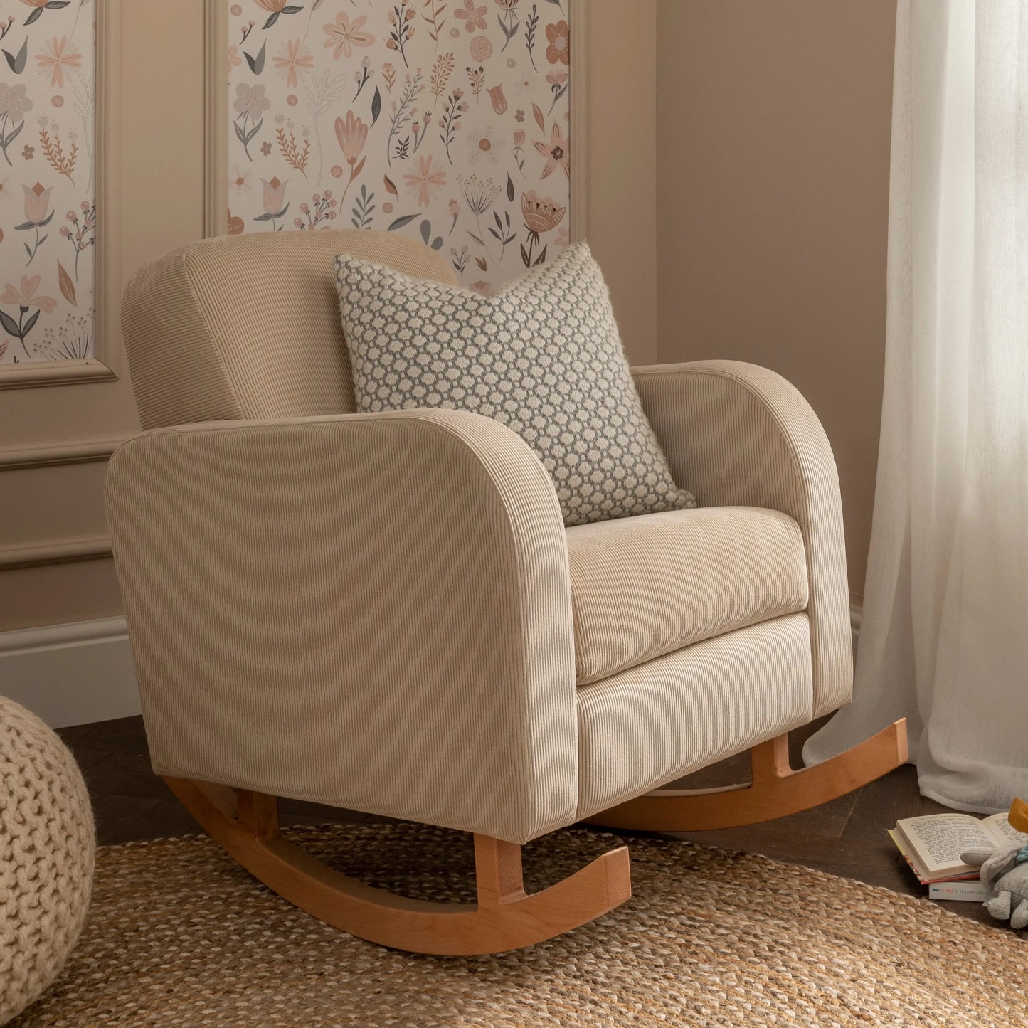 CuddleCo Etta nursing chair in sand colour way with rocking feet.