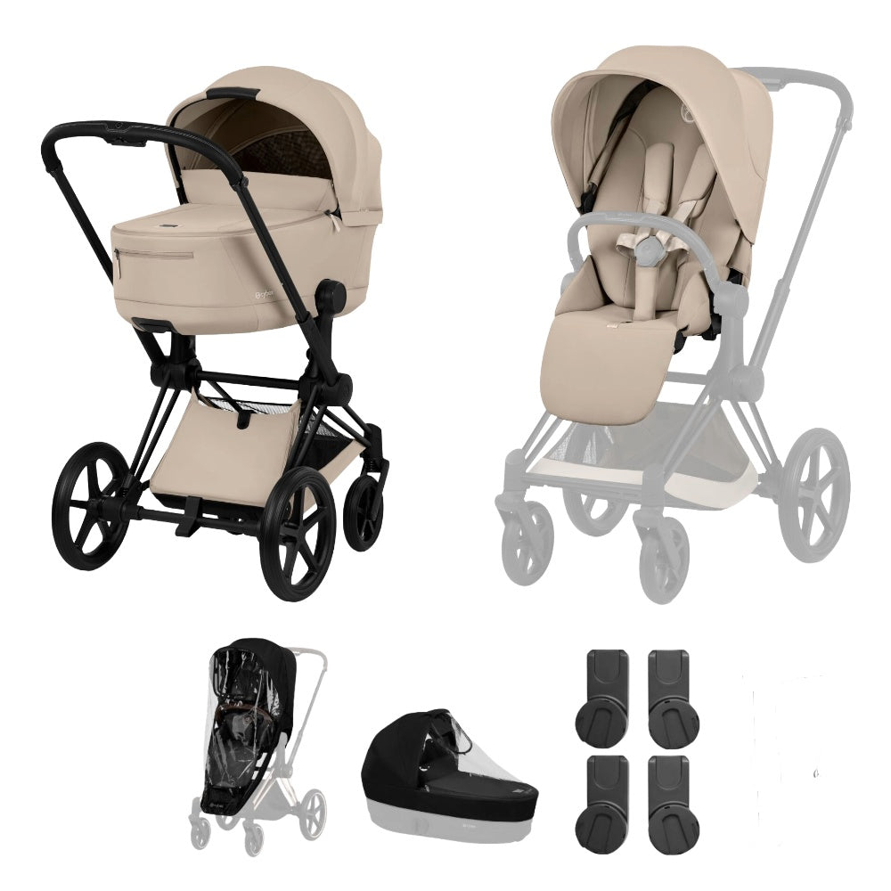 Cybex Priam Comfort combo in cozy beige colourway and matt black chassis.