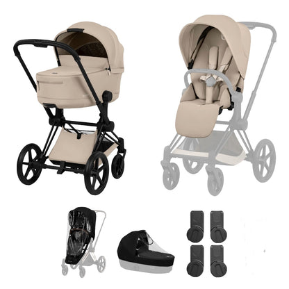 Cybex Priam Comfort combo in cozy beige colourway and matt black chassis.