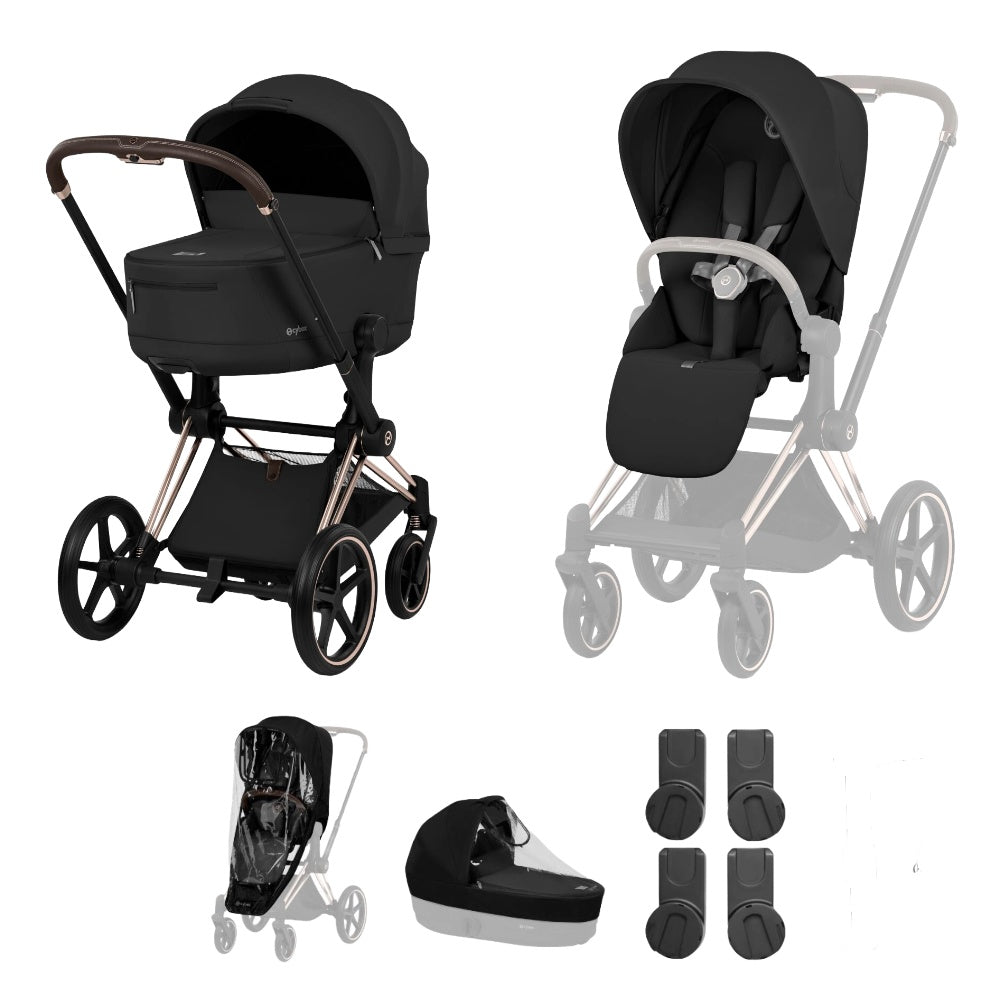 Cybex Priam Comfort combo in Sepia black colourway and rose gold chassis.