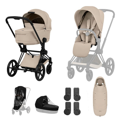 Cybex Priam Comfort combo in cozy beige colourway and matt black chassis complete with footmuff.