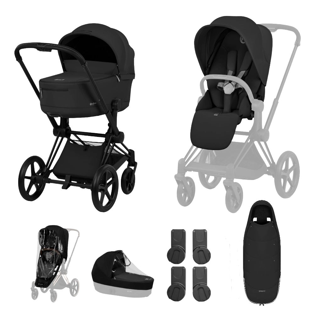 Cybex Priam Comfort combo in Sepia black colourway and matt black chassis complete with footmuff.