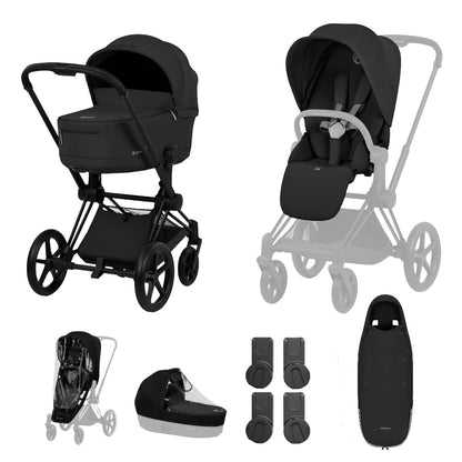Cybex Priam Comfort combo in Sepia black colourway and matt black chassis complete with footmuff.