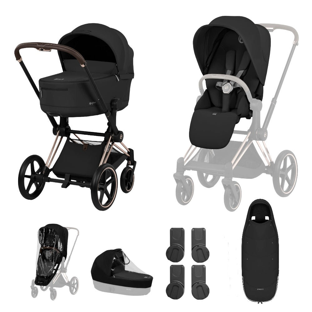 Cybex Priam Comfort combo in Sepia black colourway and rose gold chassis complete with footmuff.