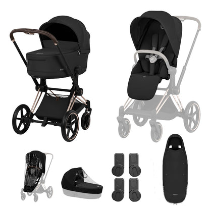 Cybex Priam Comfort combo in Sepia black colourway and rose gold chassis complete with footmuff.