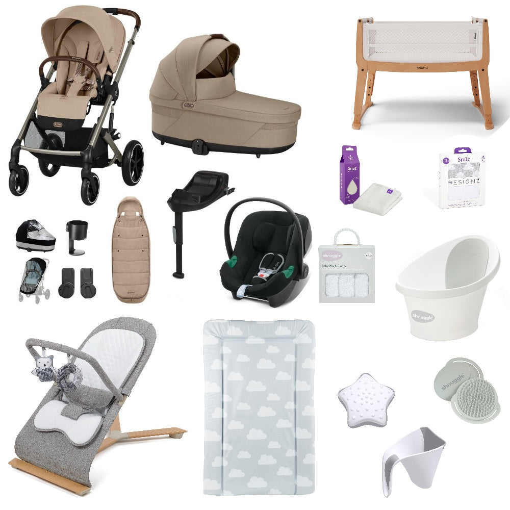 Cybex Balios Pushchair & carrycot in Almond Beige, complete with all babies essential including car seat, crib, bath and bath time accessories.