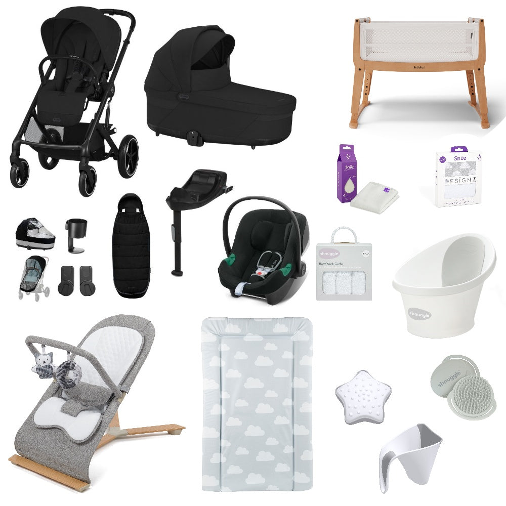 Cybex Balios Pushchair & carrycot in Moon Black, complete with all babies essential including car seat, crib, bath and bath time accessories.