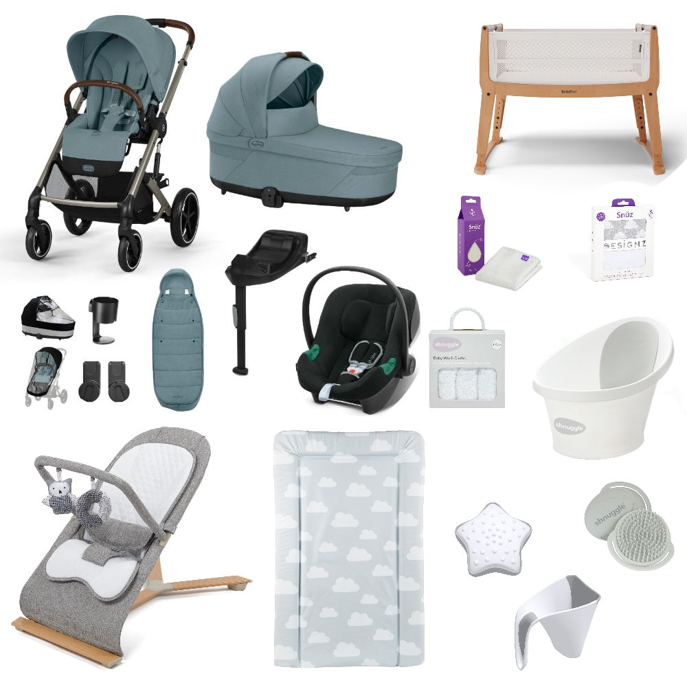 Cybex Balios Pushchair & carrycot in Stormy Blue, complete with all babies essential including car seat, crib, bath and bath time accessories.