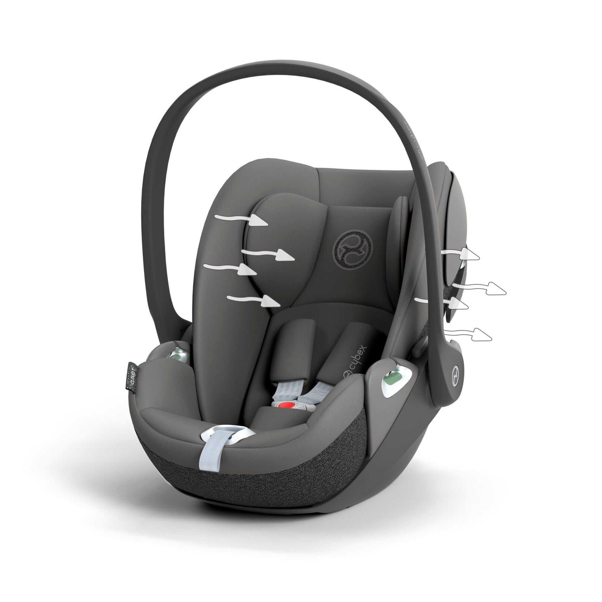 Cybex Cloud T car seat in grey, highlighting contemporary safety features.