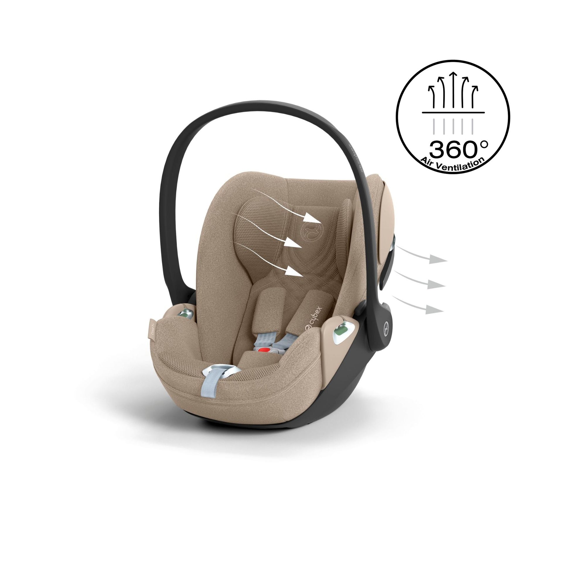 Cybex Cloud T car seat in cosy beige, highlighting contemporary safety features.