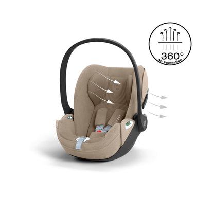 Cybex Cloud T car seat in cosy beige, highlighting contemporary safety features.