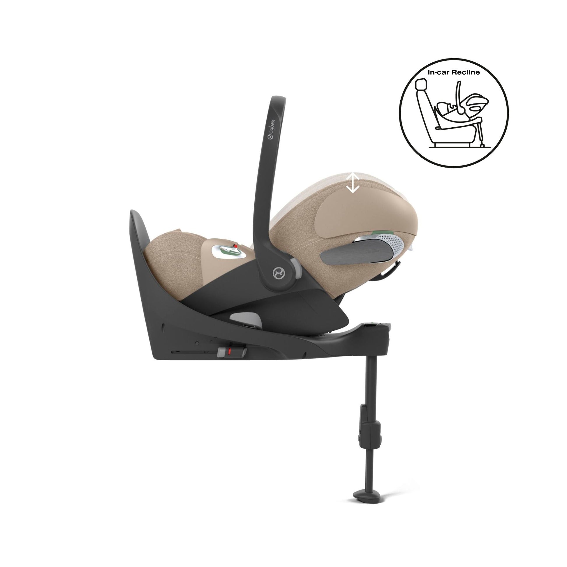 Cybex Cloud T car seat in cosy beige, highlighting contemporary safety features.