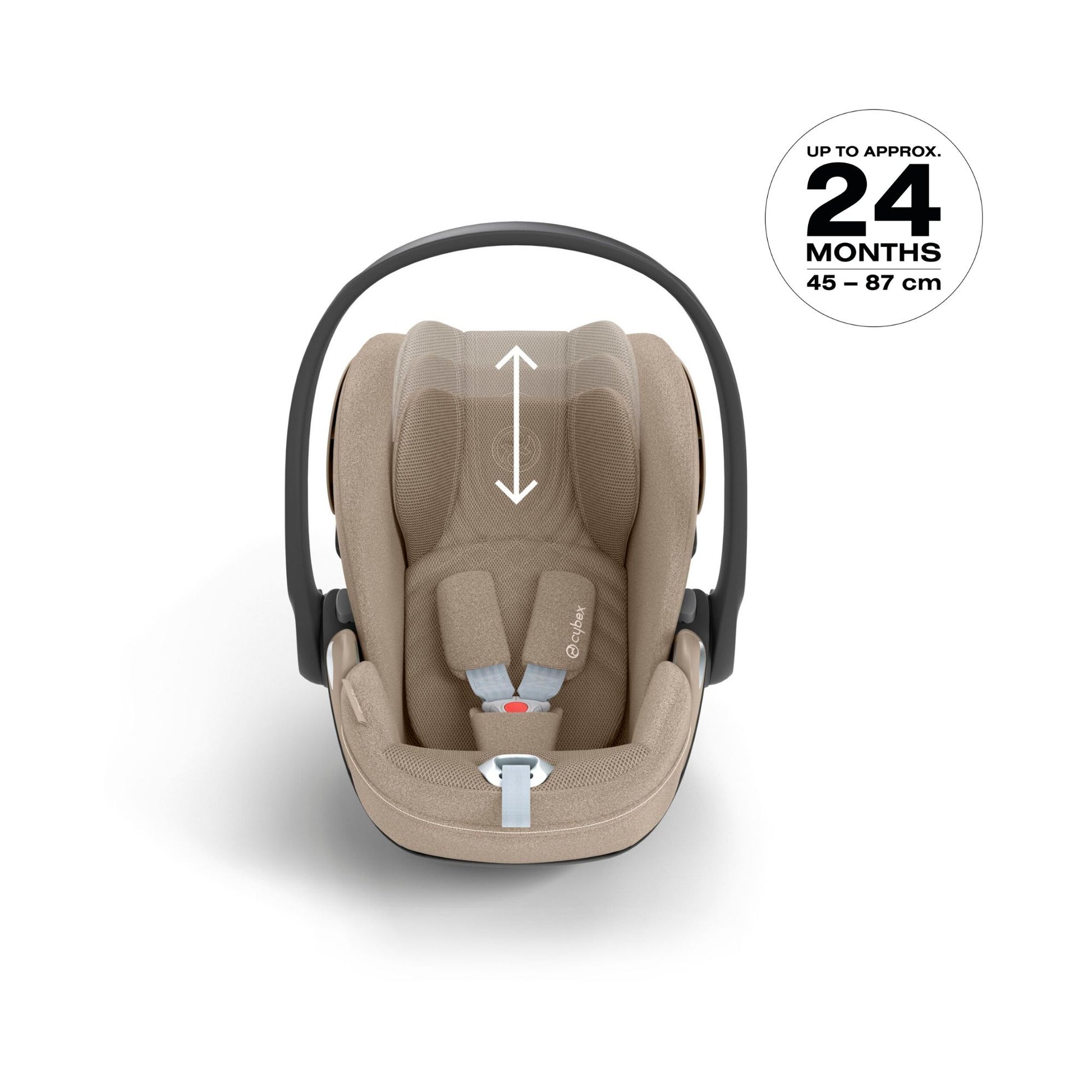 Cybex Cloud T car seat in cosy beige, highlighting contemporary safety features.