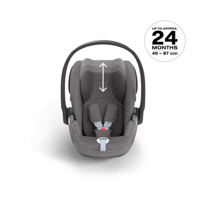 Cybex Cloud T car seat in mirage grey plus highlighting contemporary safety features.