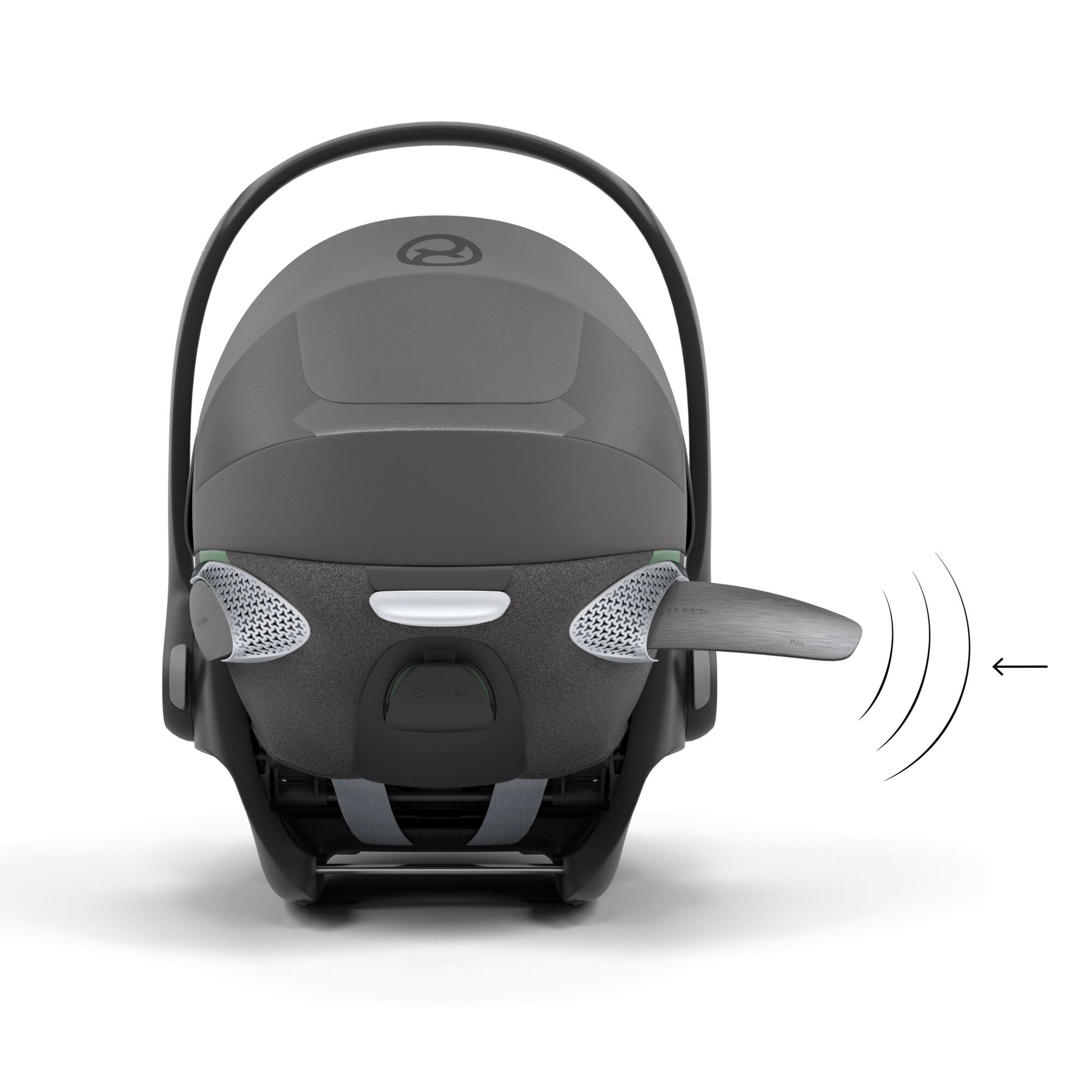 Cybex Cloud T car seat in mirage grey plus highlighting contemporary safety features.