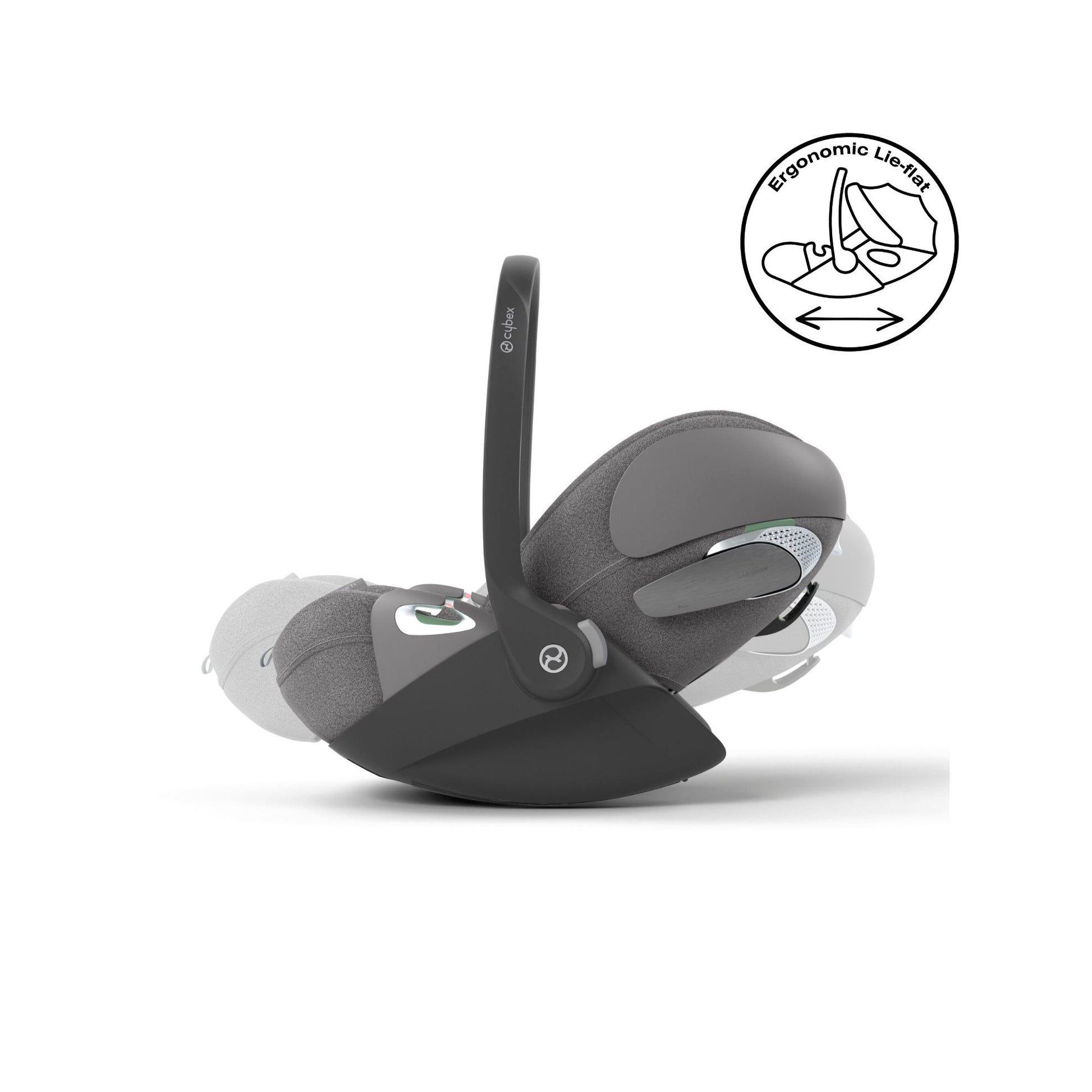 Cybex Cloud T car seat in mirage grey plus highlighting contemporary safety features.