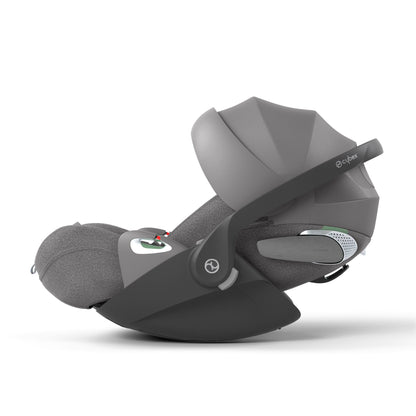 Cybex Cloud T car seat in mirage grey plus highlighting contemporary safety features.