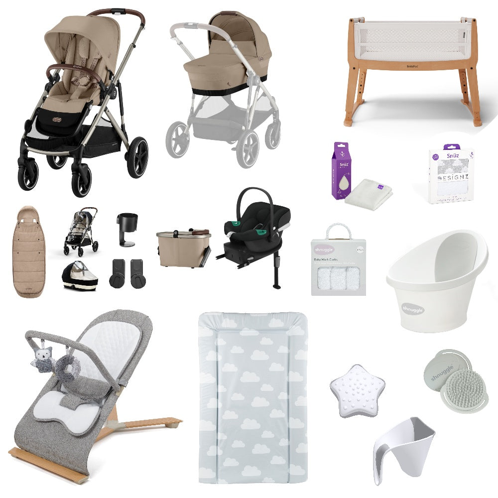 Cybex Gazelle Pushchair & carrycot in Almond Beige, complete with all babies essential including car seat, crib, bath and bath time accessories.