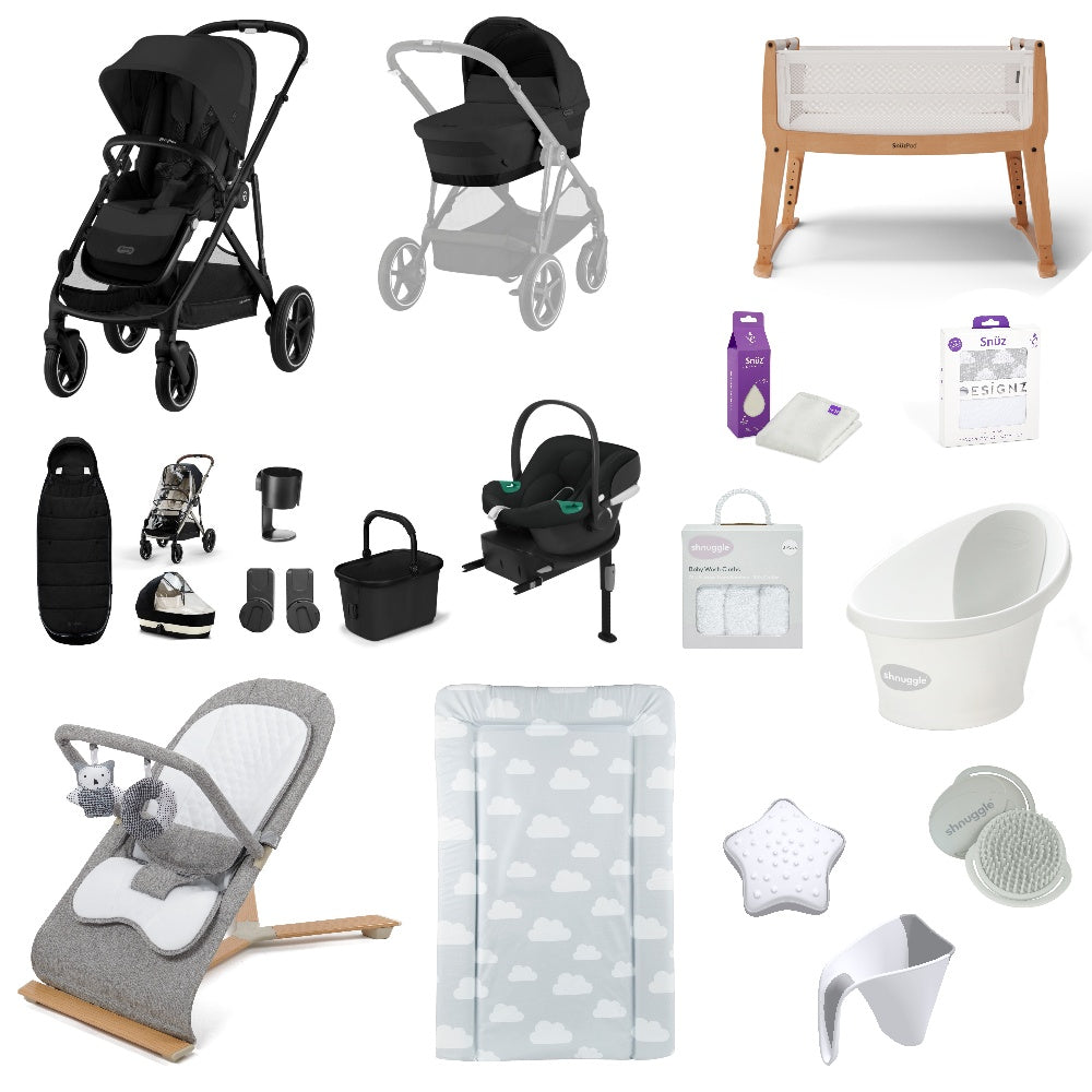 Cybex Gazelle Pushchair & carrycot in Moon Black, complete with all babies essential including car seat, crib, bath and bath time accessories.