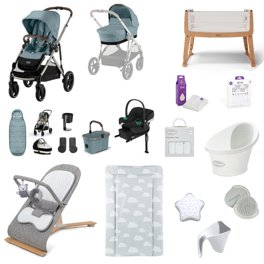 Cybex Gazelle Pushchair & carrycot in Stormy Blue, complete with all babies essential including car seat, crib, bath and bath time accessories.