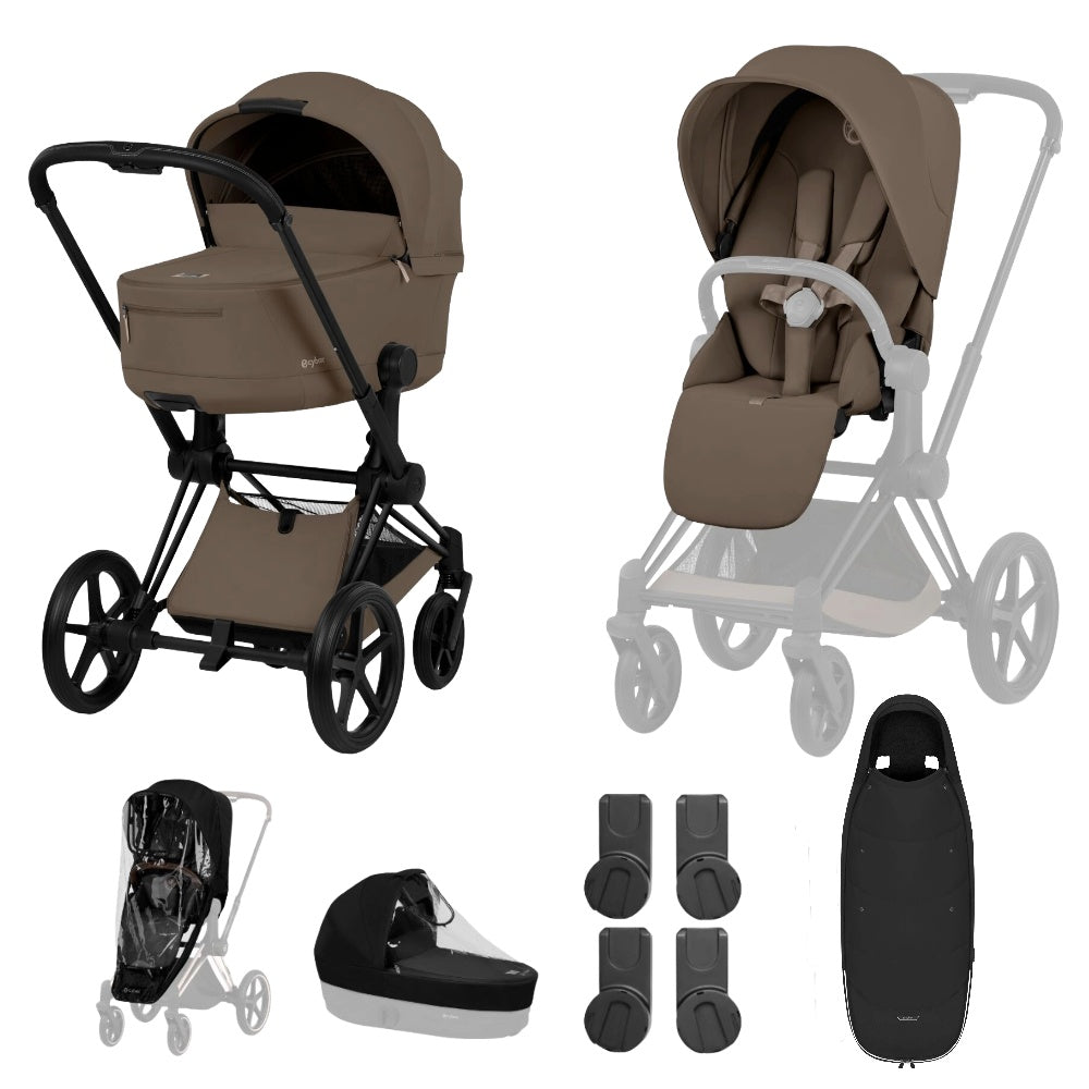 Cybex Priam Comfort combo in coconut brown colour and matt black chassis complete with footmuff.