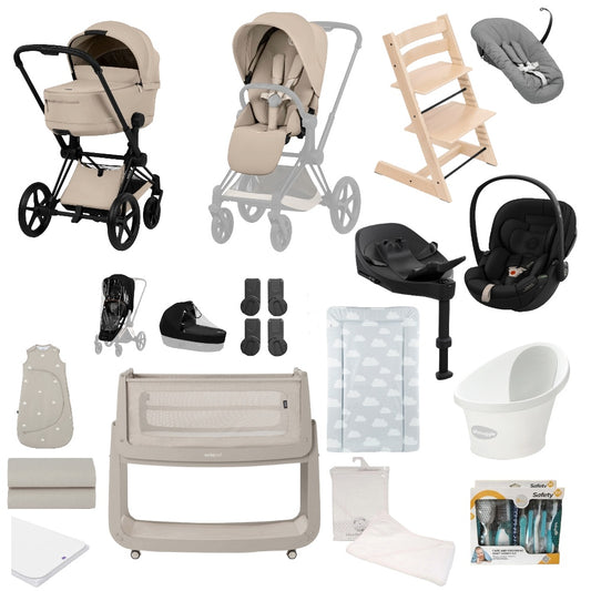 Cybex Priam Pushchair & carrycot in Cozy Beige colourway, complete with all babies essential including car seat, tripp trapp highchair, crib and bath.