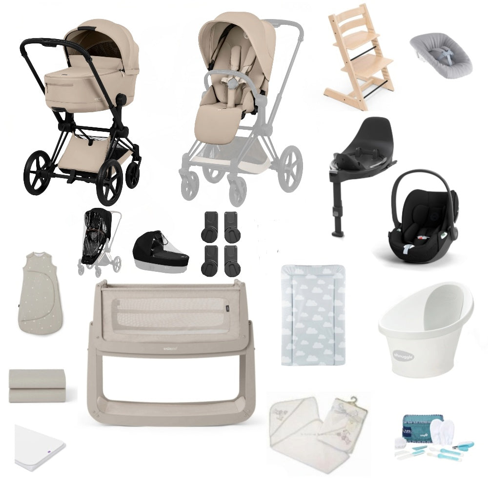 Cybex Priam Pushchair & carrycot in Cozy Beige colourway, complete with all babies essential including car seat, tripp trapp highchair, crib and bath.