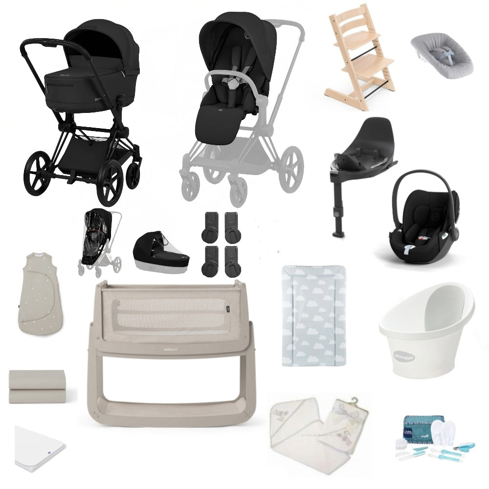 Cybex Priam Pushchair & carrycot in Sepia Black colourway, complete with all babies essential including car seat, tripp trapp highchair, crib and bath.