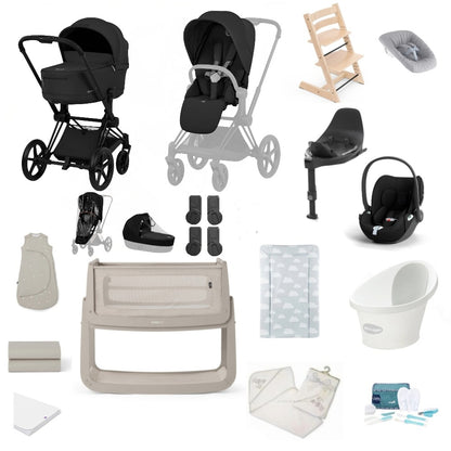 Cybex Priam Pushchair & carrycot in Sepia Black colourway, complete with all babies essential including car seat, tripp trapp highchair, crib and bath.