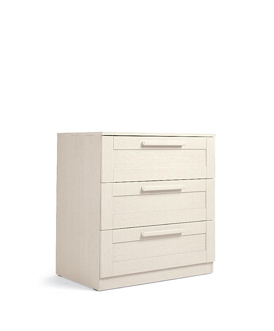 Cot bed and dresser with 3 drawers in stone colour, complete with snuz duo mattress.