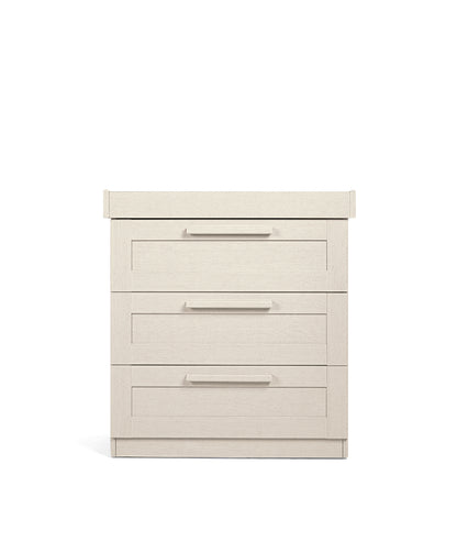 Cot bed and dresser with 3 drawers in stone colour, complete with snuz pro mattress.