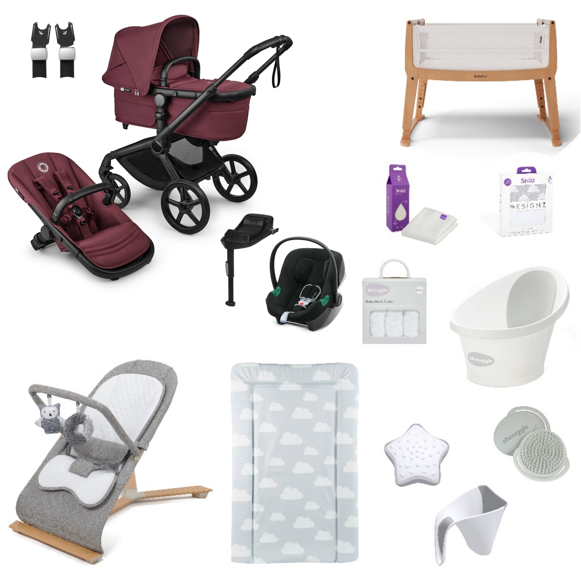 Bugaboo Pushchair & carrycot in Dark Cherry with accessories, complete with all babies essential including car seat, crib, bath and bath time accessories.