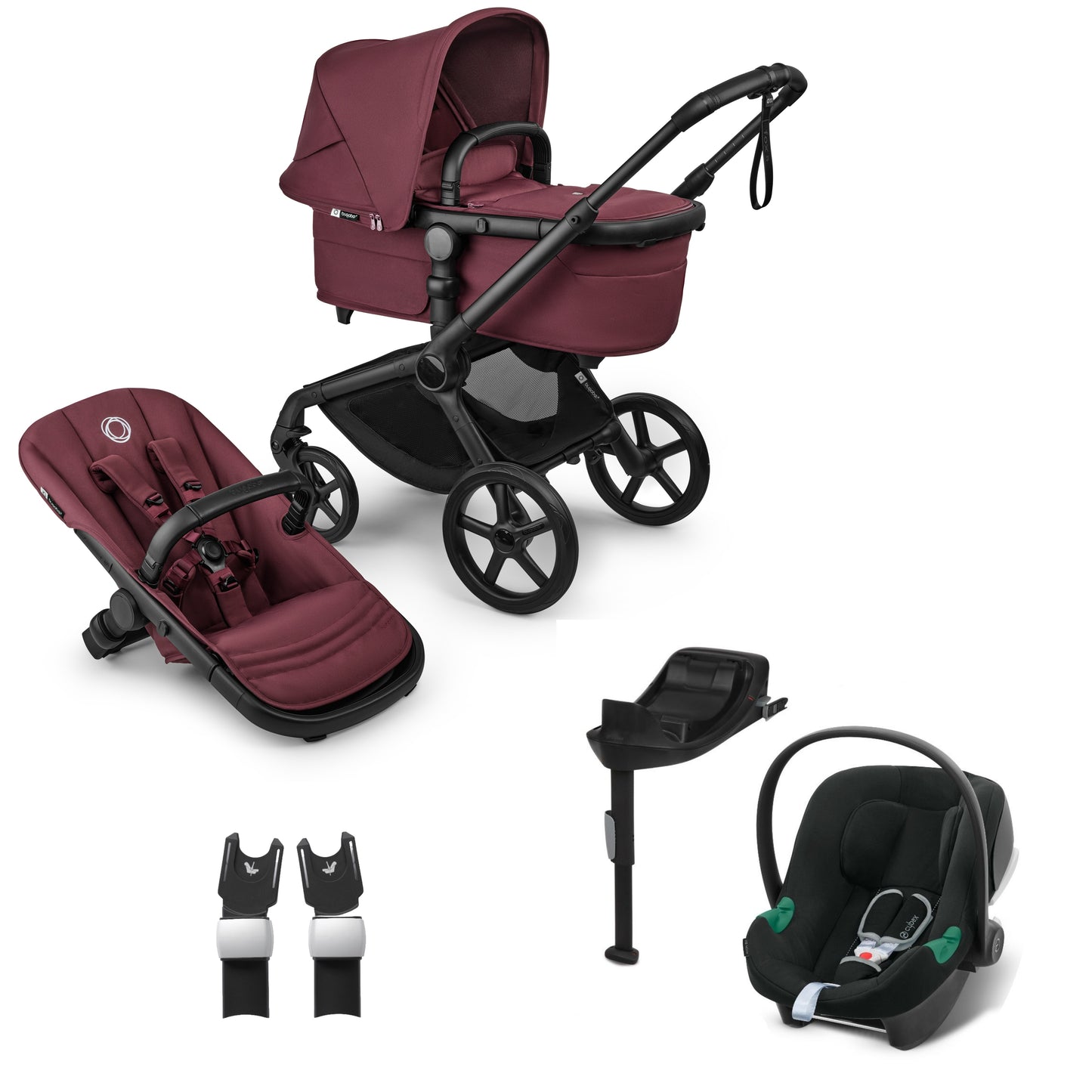 Bugaboo Fox 5 in dark cherry complete, with aton B2 car seat and base.